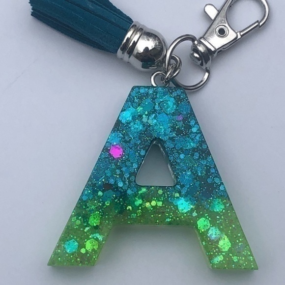 Handmade A Aqua Blue & Green Resin Glitter Key Chain - Picture 3 of 6
